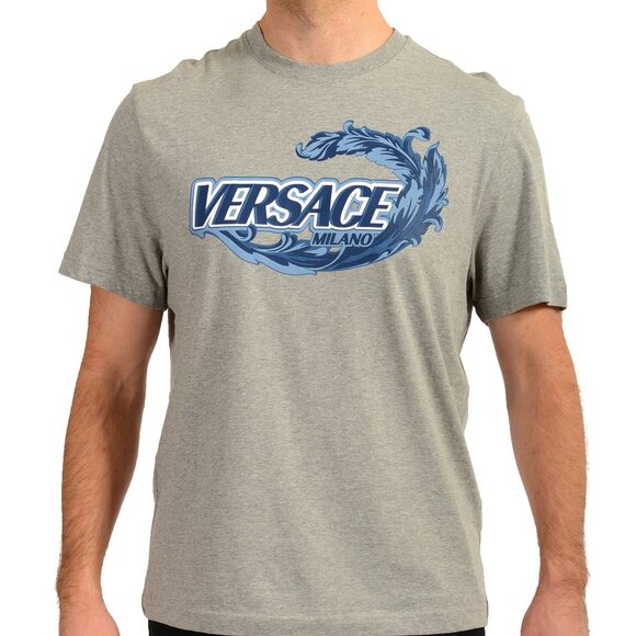 Versace Men's Gray & Blue Logo Print Short Sleeve T-Shirt US L IT 52 - Picture 1 of 6